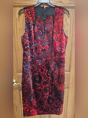 Elie Tahari Red and Blue Patterned Velvet Sheath Dress